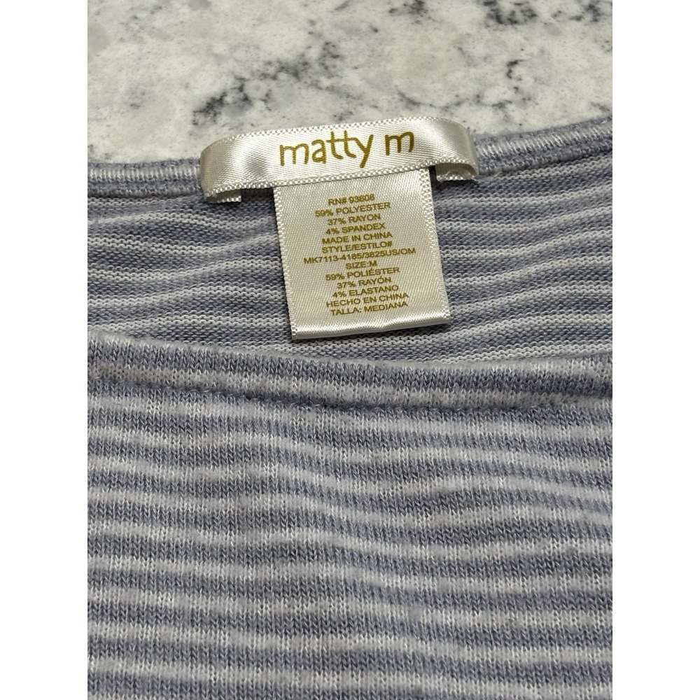 Matty M Womens 3/4 Sleeve Blouse Soft Top Striped Boat Neck Front Knot Blue Sz M - Picture 2 of 2